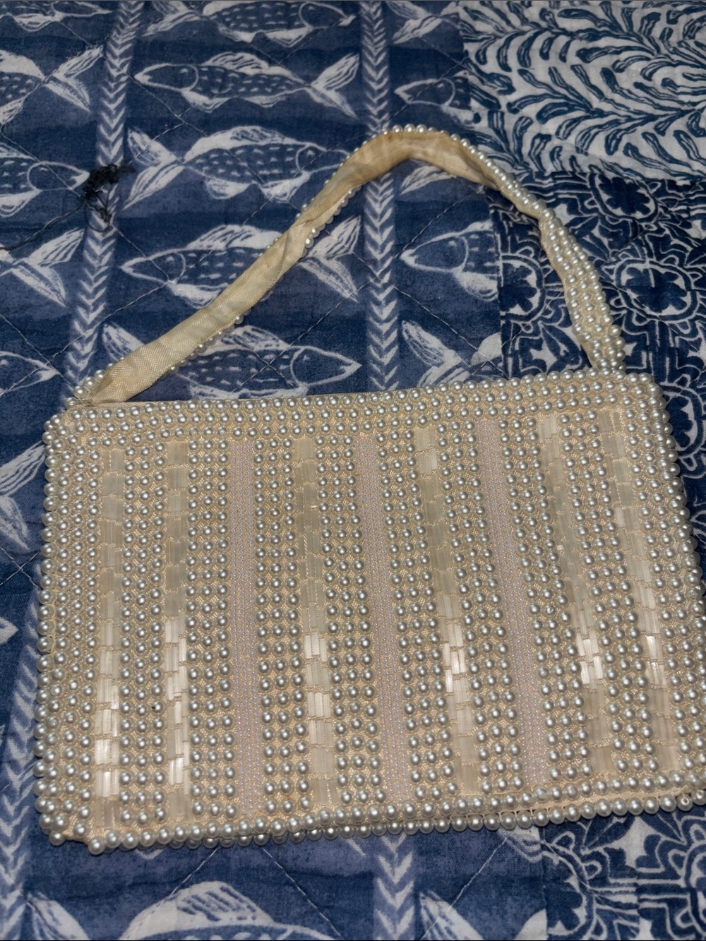 Vintage Small Beaded Pearl-Trim Cream Evening Handbag
